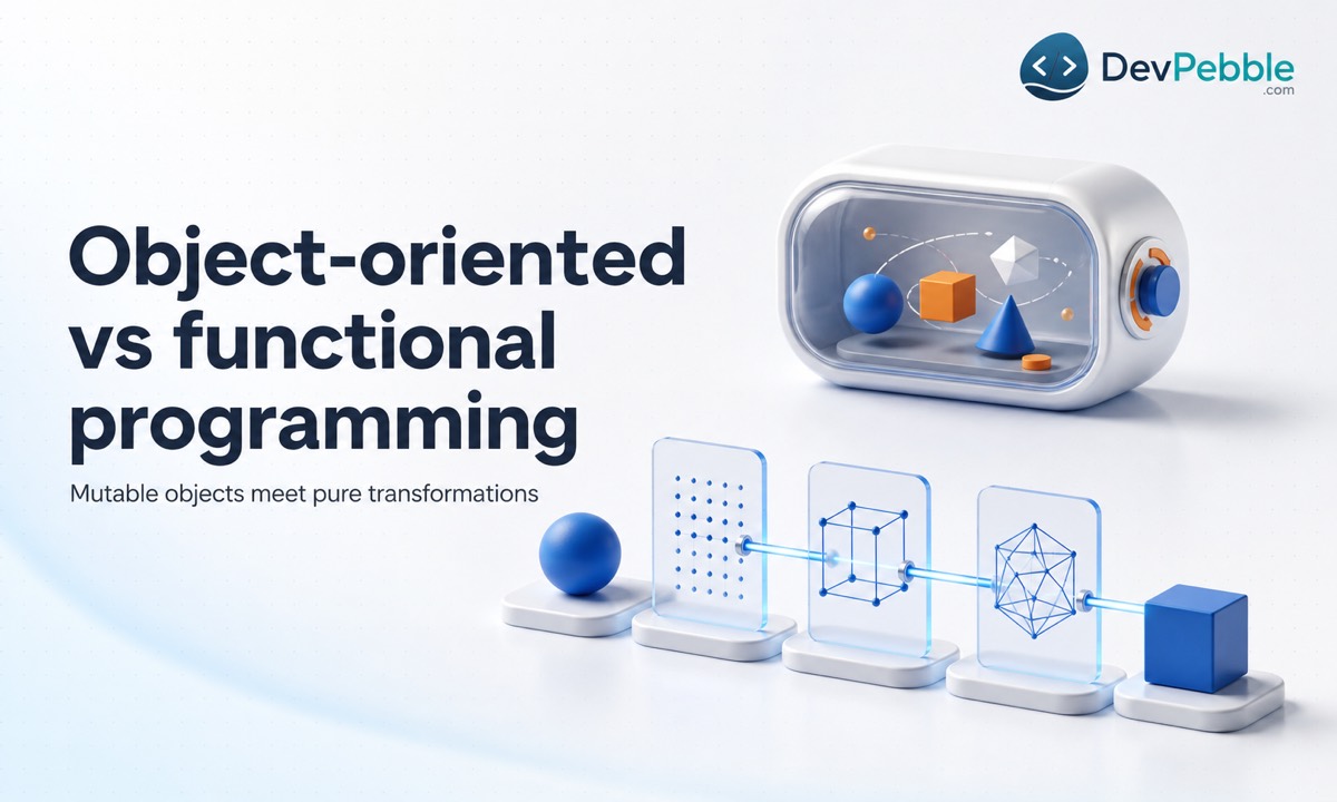 Object oriented programming vs functional programming: mutable object state and methods compared with pure functions and immutable transformations.