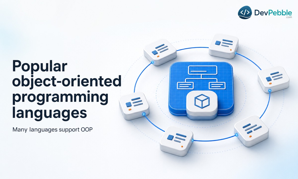 Popular object oriented programming languages including Java, C++, C#, Python, Ruby, Kotlin, and JavaScript.