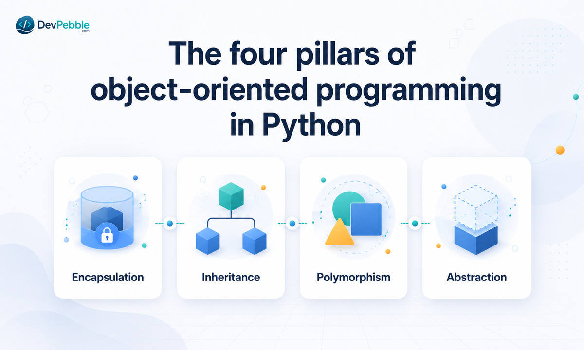The four pillars of object-oriented programming in Python — encapsulation, inheritance, polymorphism, and abstraction.