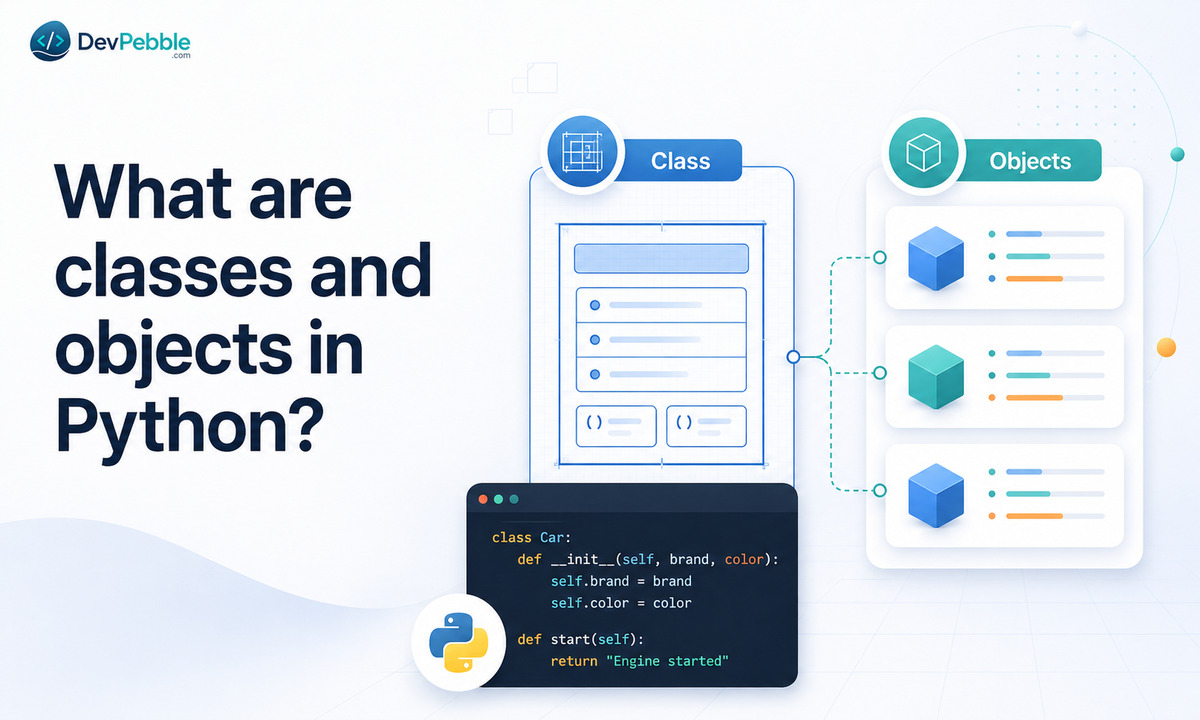 What are classes and objects in Python — a class as a blueprint and each object as an instance holding its own attribute values.