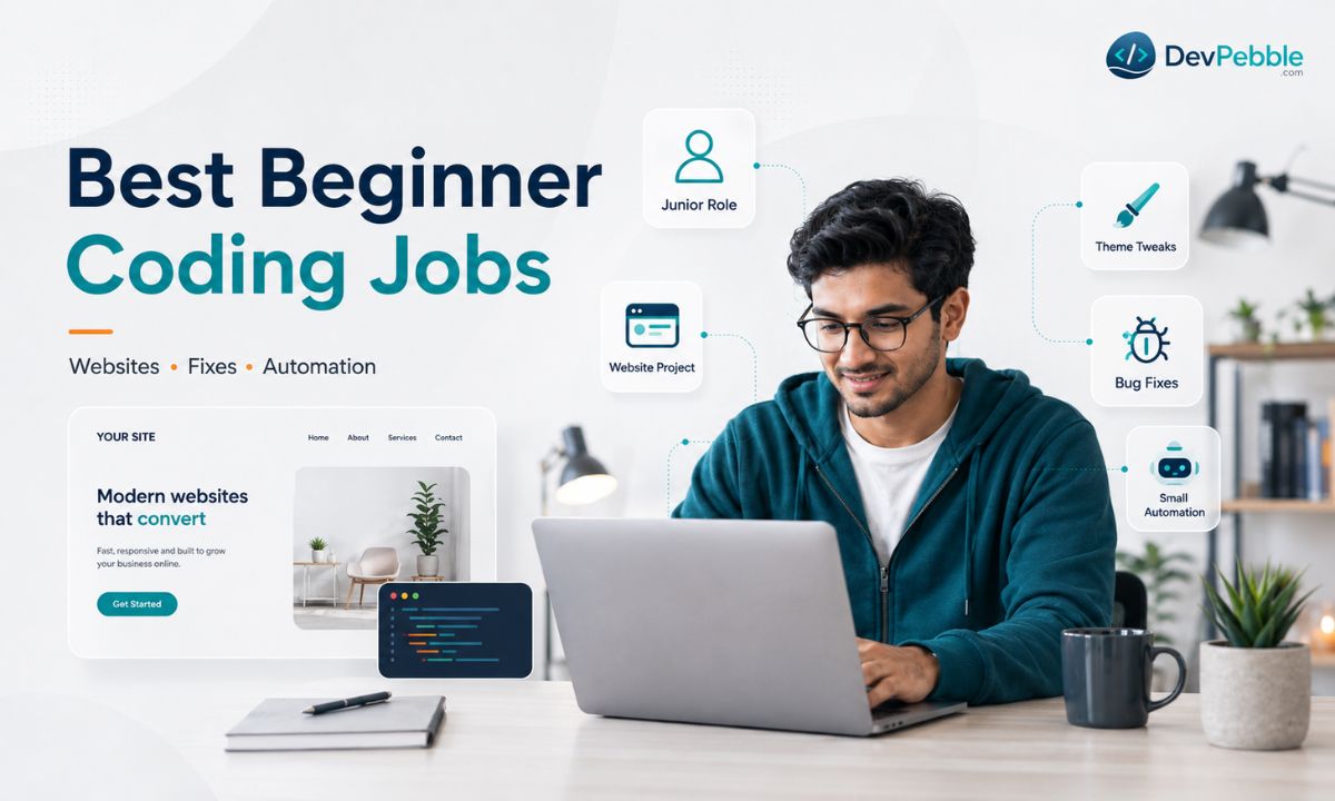 Best paid programming jobs for beginners — junior developer roles, small website builds, WordPress customization, bug fixing, automation scripts, and landing page development.