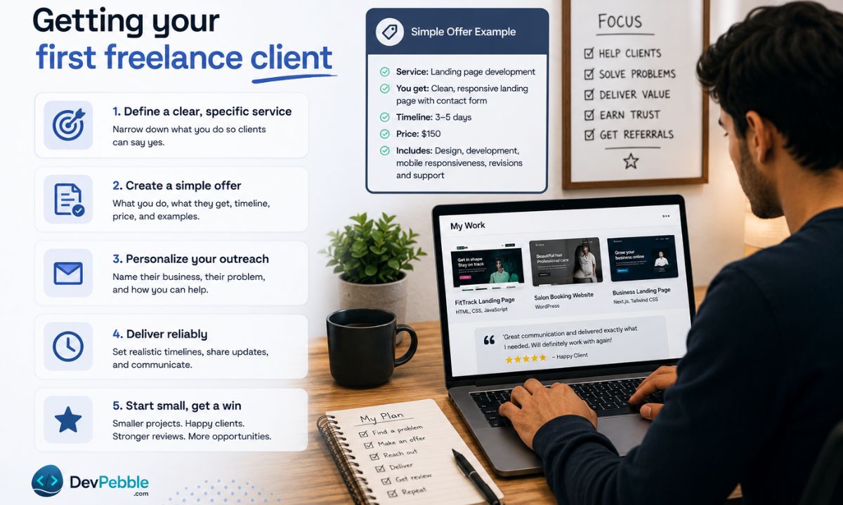 Getting your first freelance client — defining a clear specific service, a simple offer, personalized proposals, realistic timelines, and starting with smaller lower-risk projects.
