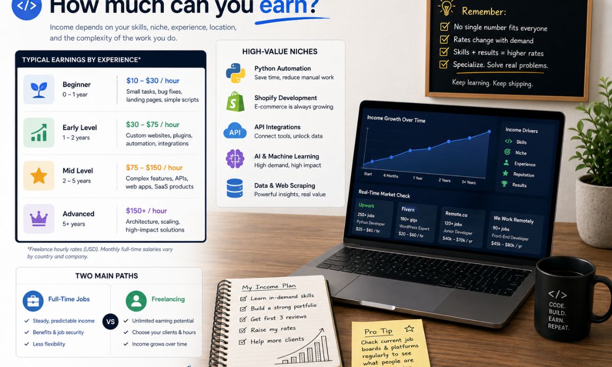 How much can you earn from paid programming — income that varies by skill level, niche, country, platform, and experience, with rates that climb as you specialize and ship more work.