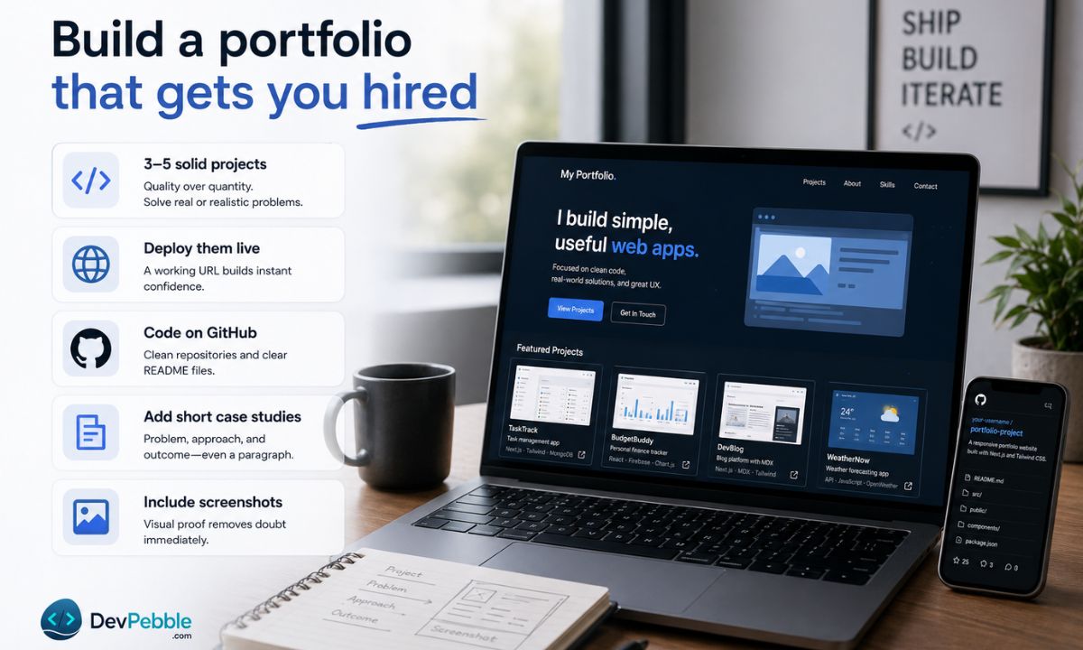 How to build a portfolio that gets you hired — three to five real projects deployed live, hosted on GitHub with clear READMEs, short case studies, and screenshots.