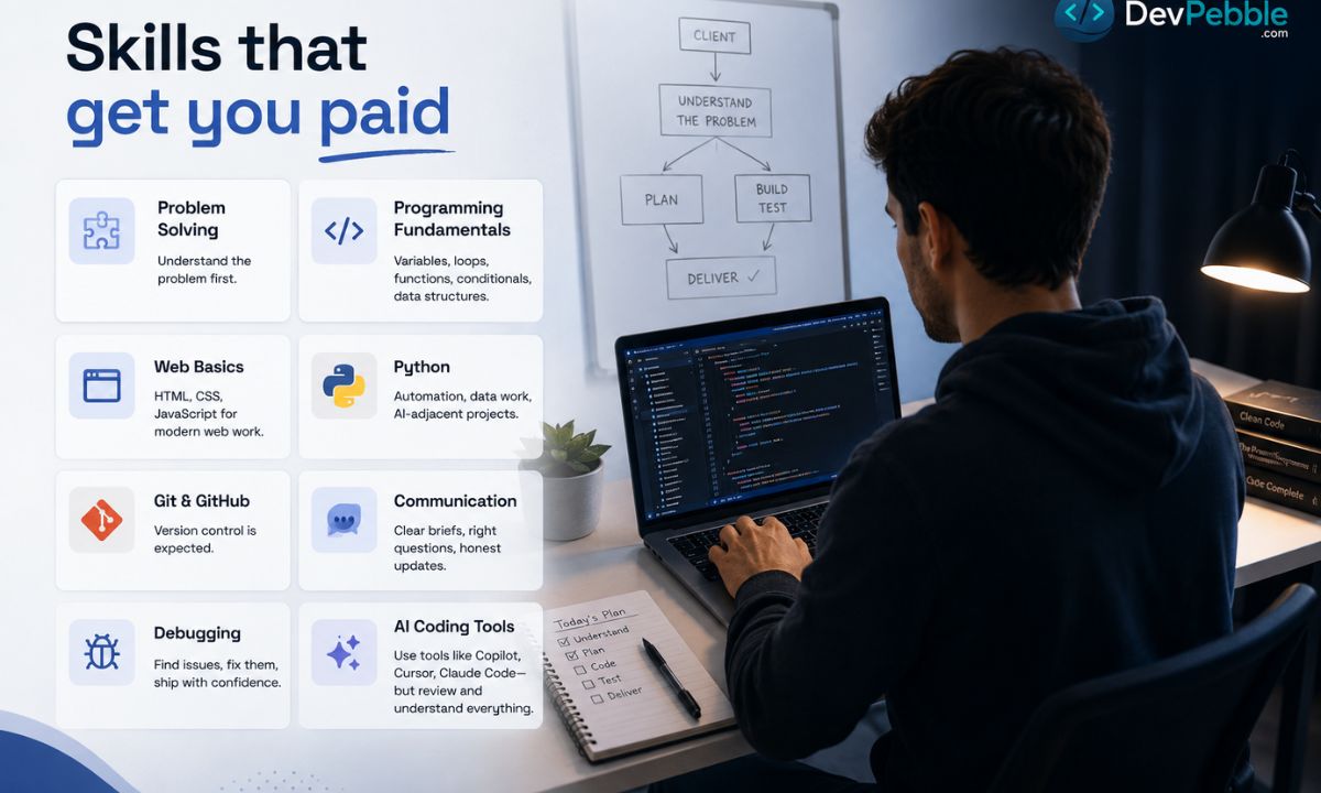 Skills you need to start earning from paid programming — problem solving, fundamentals, Git and GitHub, communication, debugging, and using AI coding tools well.