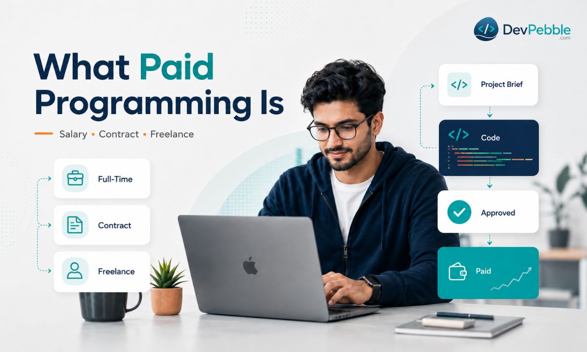 What paid programming is and how it works — earning money by writing code for clients through salaried roles, contract work, freelance projects, and short remote tasks.