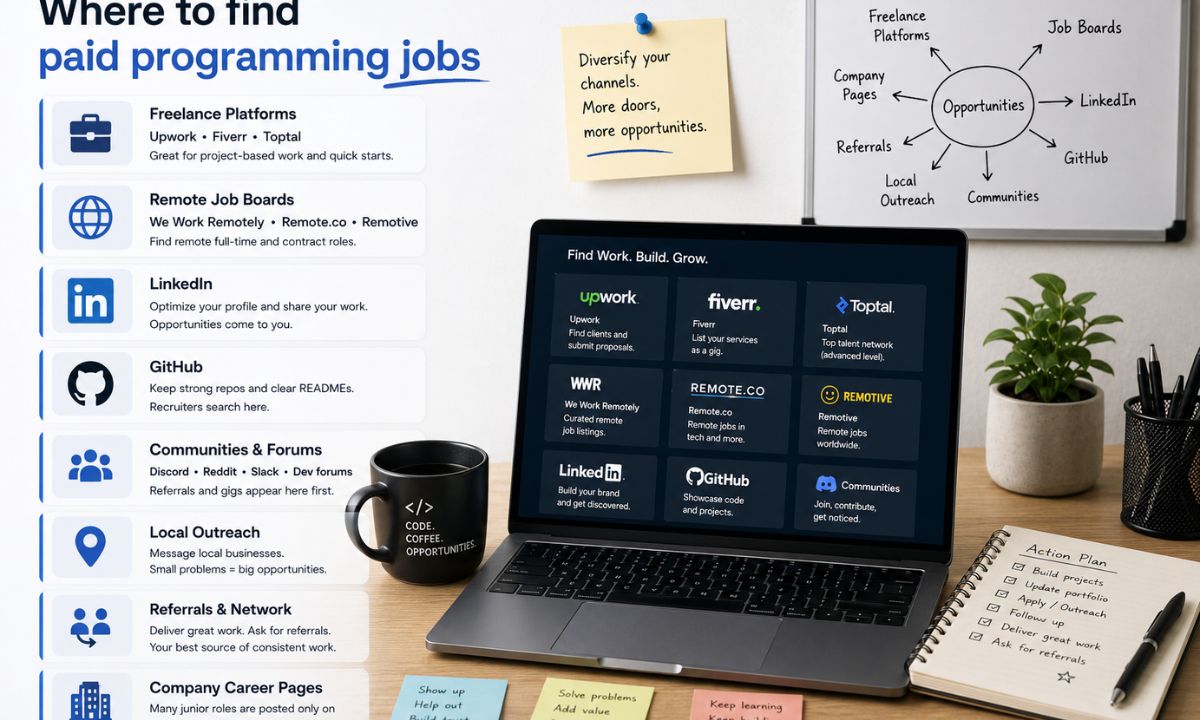 Where to find paid programming jobs online — freelance platforms, remote job boards, LinkedIn, GitHub visibility, developer communities, local outreach, and referrals.