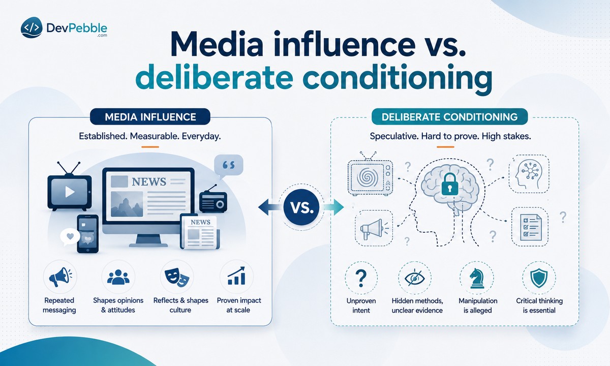 Media influence vs. deliberate conditioning — the documented power of media to shape opinion set against the unproven claim of a secret, coordinated agenda.