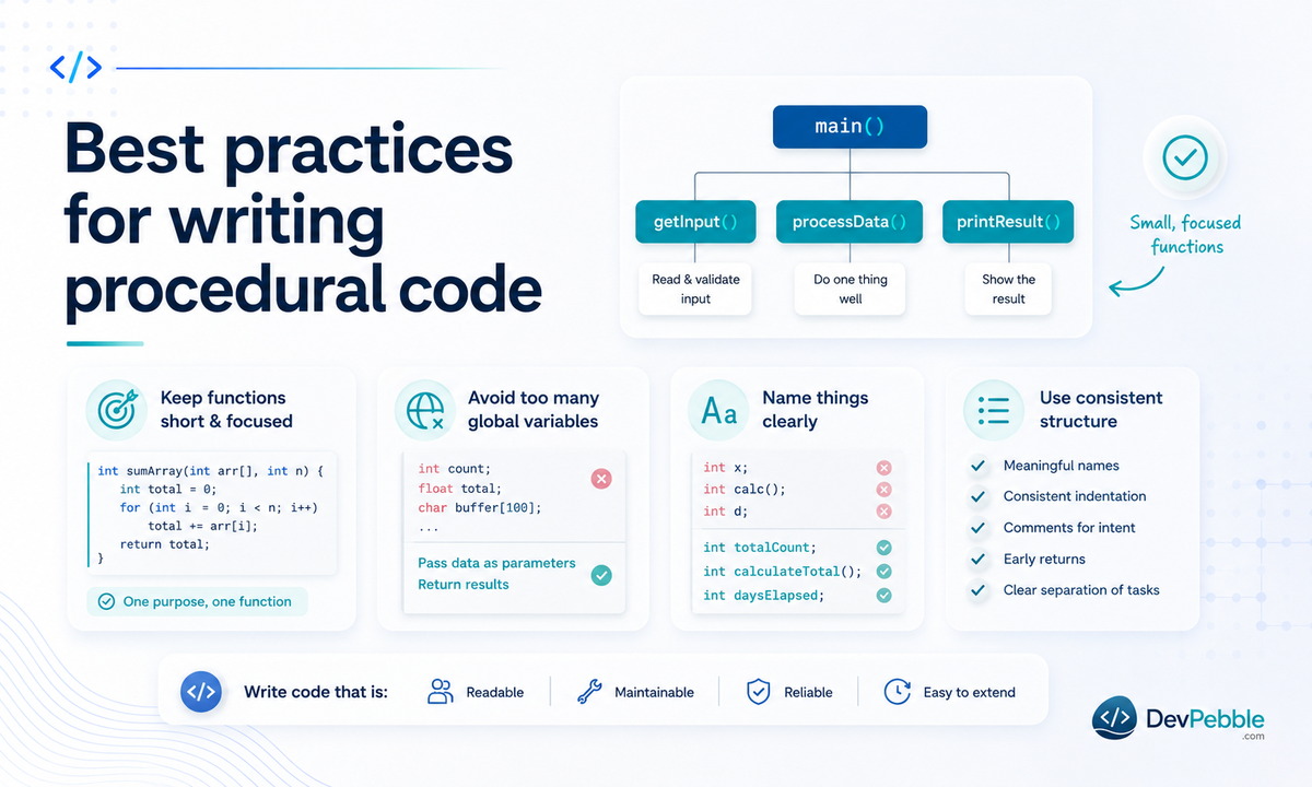 Best practices for writing procedural code — keep functions short and focused, go easy on global variables, and name things clearly while commenting the why.
