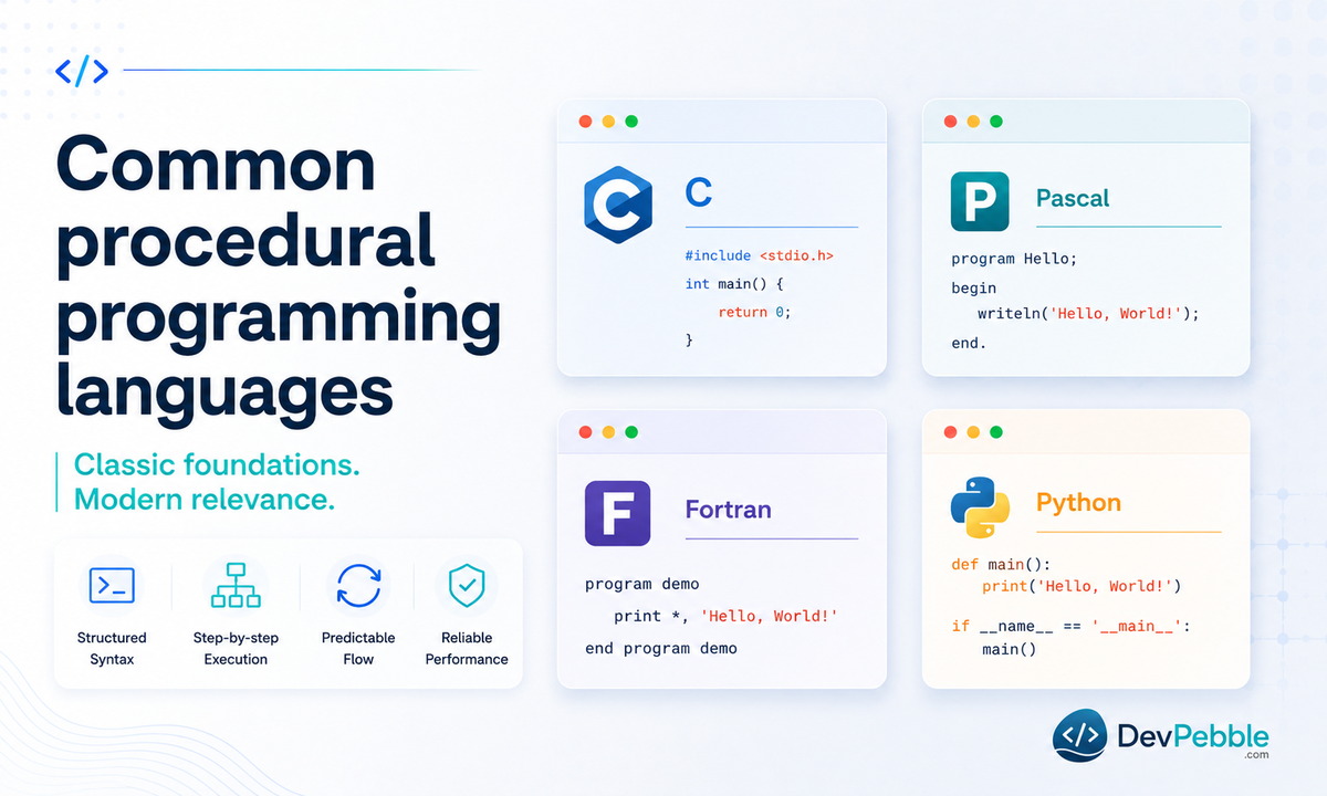 Common procedural programming languages — C, Pascal, and Fortran alongside modern multi-paradigm languages like Python, JavaScript, and PHP that can be written procedurally.