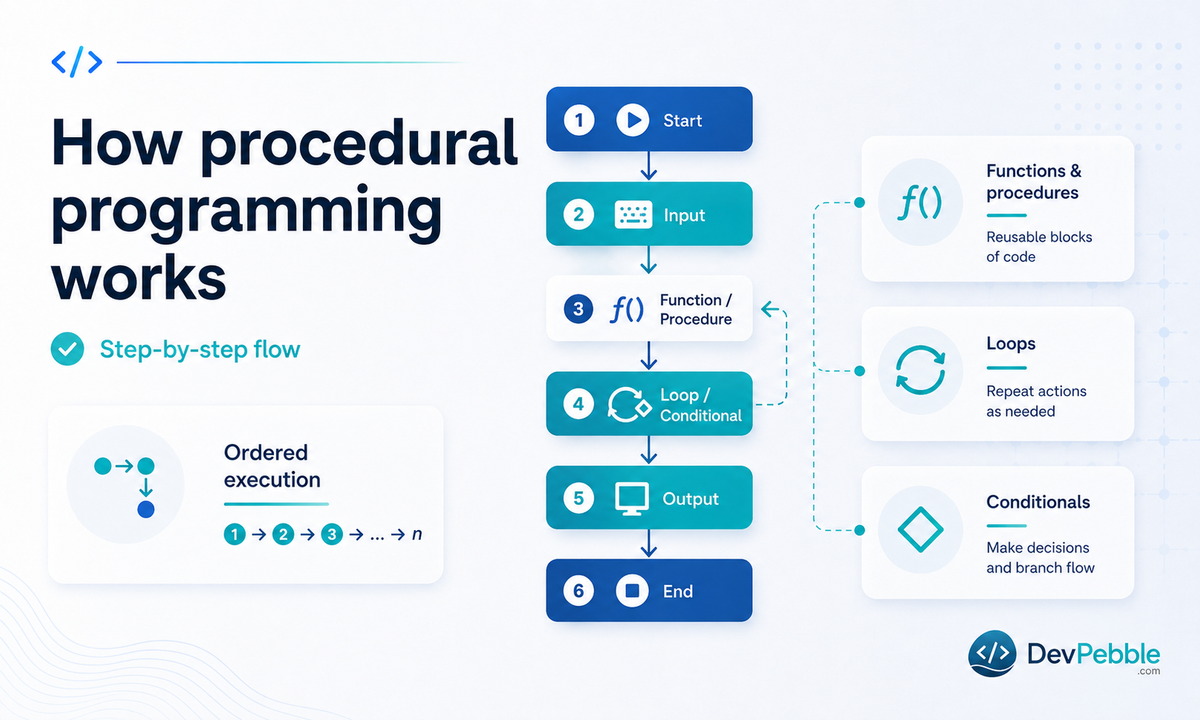 How procedural programming works — a program running from top to bottom, executing one line after another in a predictable, linear flow that is easy to trace and debug.