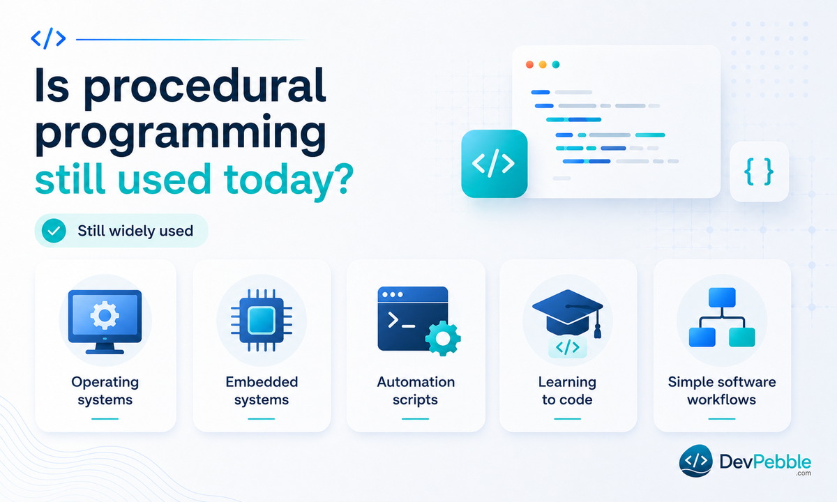 Is procedural programming still used today — yes, in C for operating systems and drivers, embedded systems, automation scripts, classrooms, and simple software workflows.