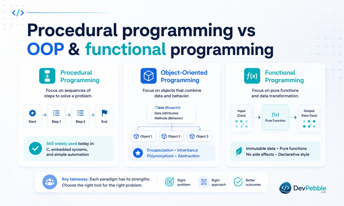 Procedural vs object-oriented programming — procedural keeps data and functions separate in step-by-step functions, while OOP bundles them into objects and classes.