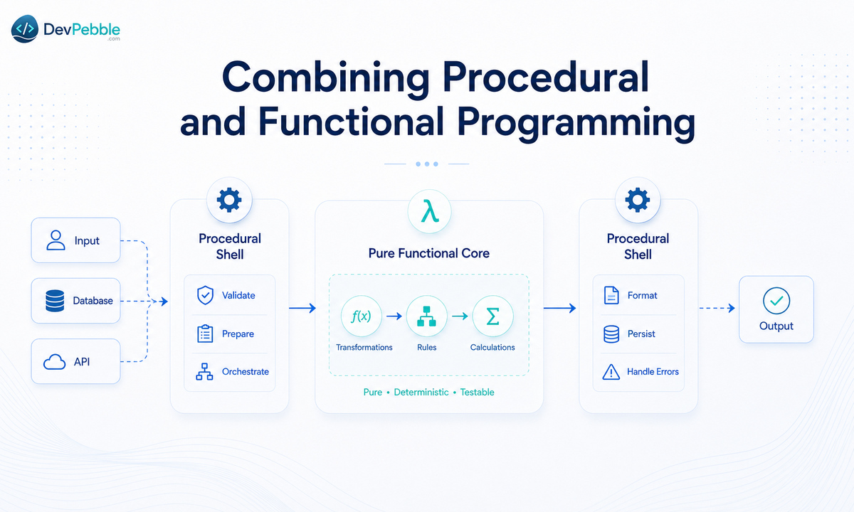Combining procedural and functional programming — a procedural shell coordinates input, databases, and effects while a pure functional core holds calculations and transformations.