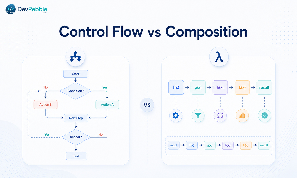 Control flow vs composition — a procedural for loop surfaces the step-by-step how, while a functional filter and map pipeline surfaces the what by composing transformations.
