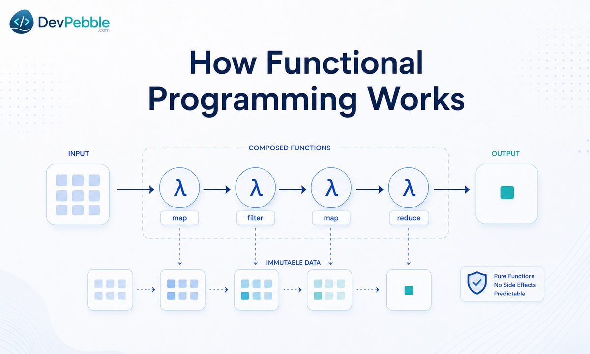 How functional programming works — data flows through a chain of smaller transformations using map, filter, and higher-order functions until a final expression produces the result.