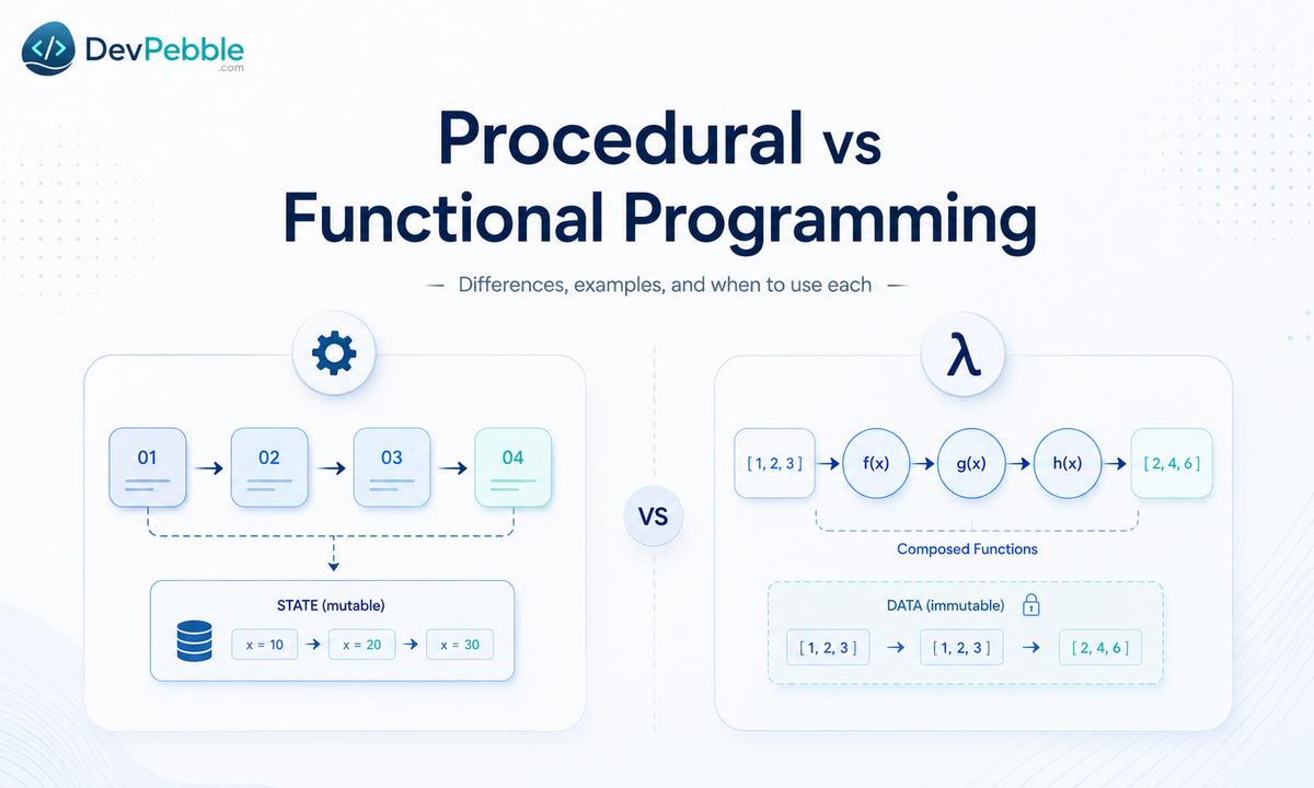 Procedural vs functional programming — differences, examples, and when to use each, comparing ordered steps that update state against composed functions that transform inputs into outputs.