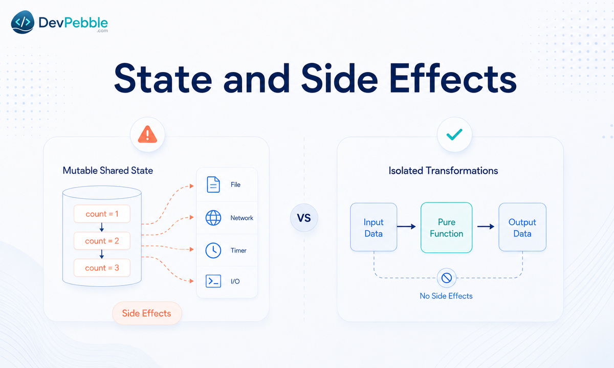 State and side effects in procedural vs functional programming — procedural code mutates data in place, while functional code produces a new value and corrals effects at defined boundaries.