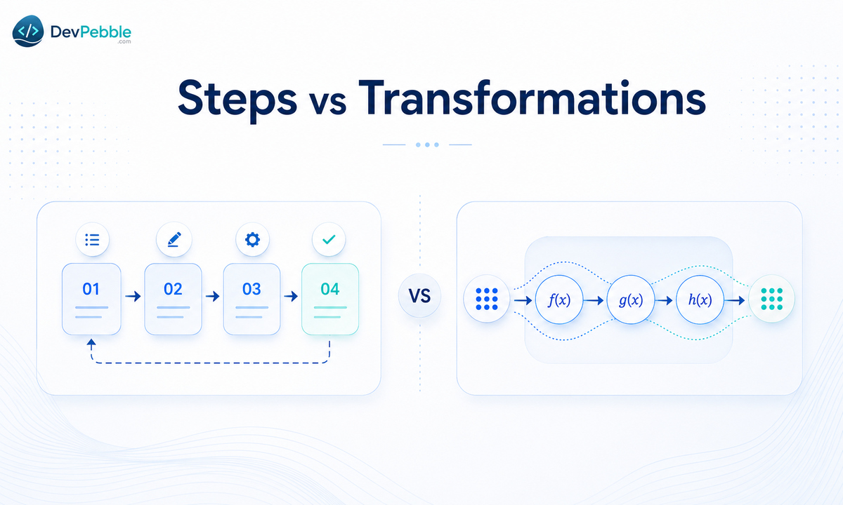 Procedural vs functional programming — procedural code advances through ordered steps that update state, while functional code chains transformations that turn inputs into outputs.