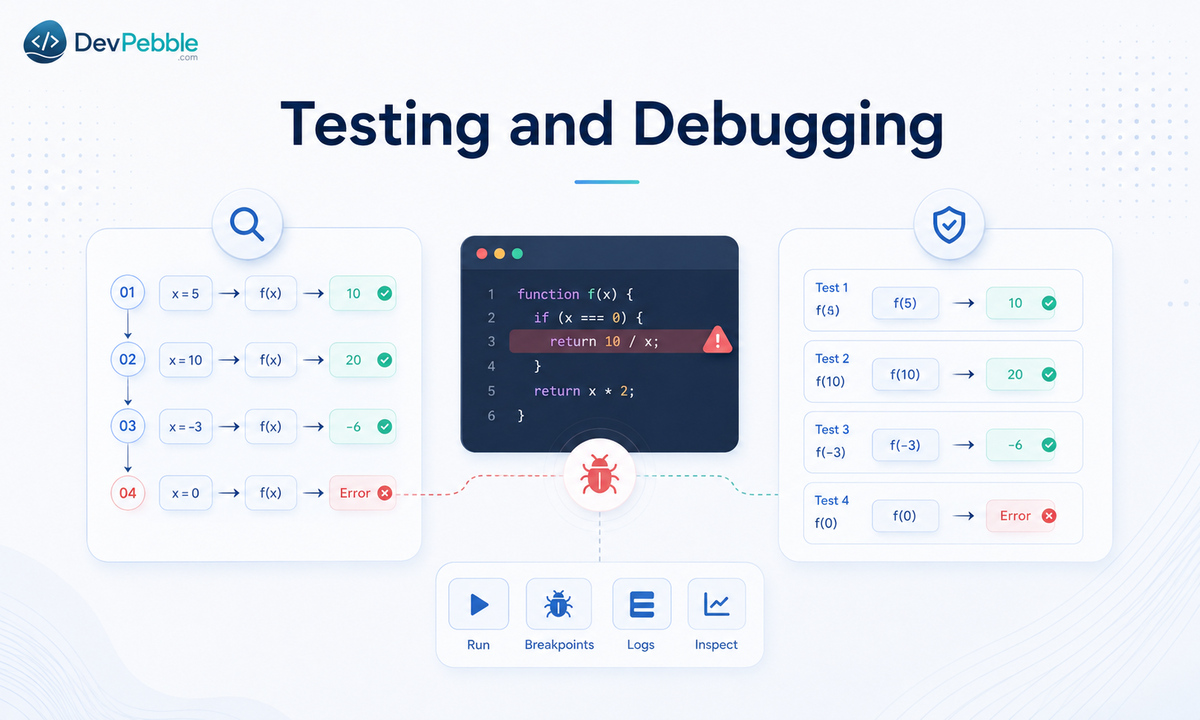Testing and debugging procedural vs functional code — pure functions test through inputs and outputs with no hidden state, while ordered procedures lend themselves to step-by-step tracing.