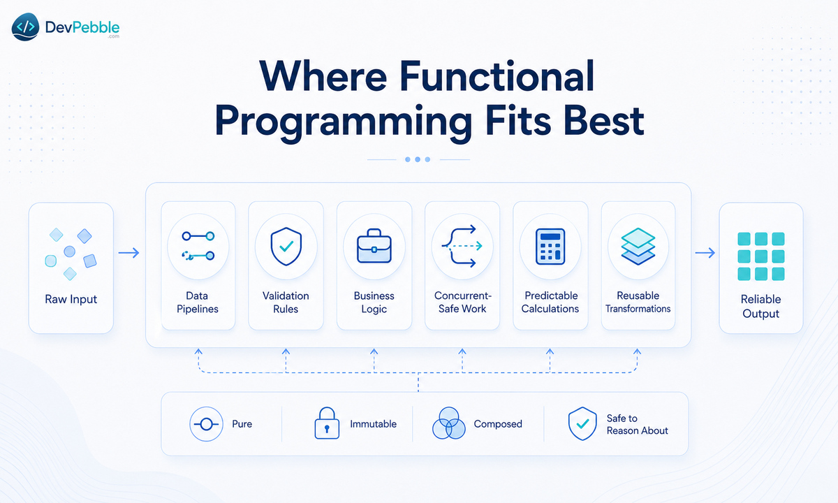 Where functional programming fits best — data transformation and validation pipelines, pricing and business-rule calculations, parallelizable work, and predictable, auditable logic.