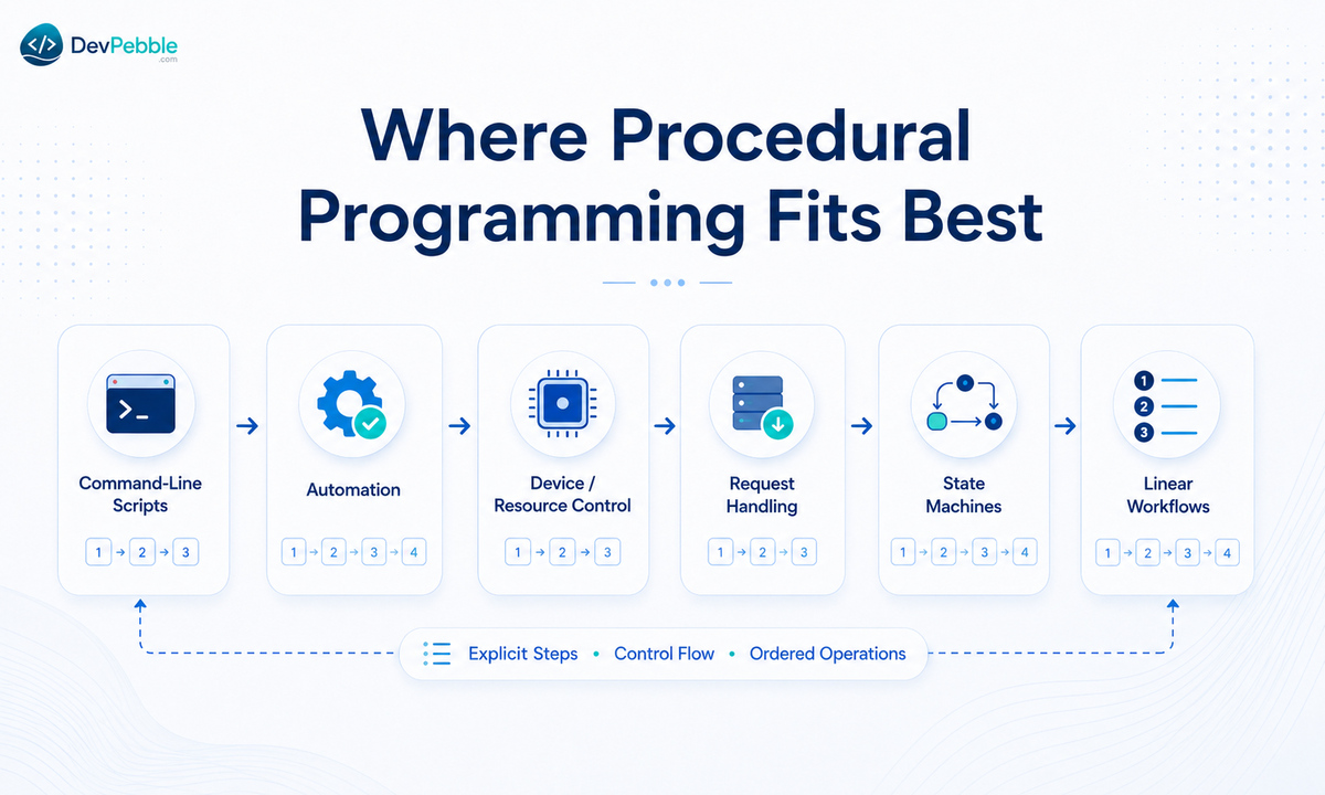 Where procedural programming fits best — command-line scripts, device- or resource-control routines, state-machine parsers, and small programs with simple linear control flow.