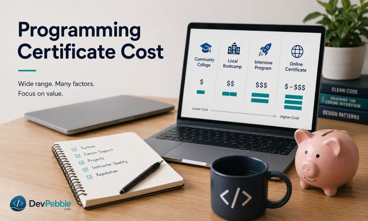 How much does a programming certificate cost — a wide price range from community college courses to private bootcamps, plus hidden costs like a laptop, software, and transport.