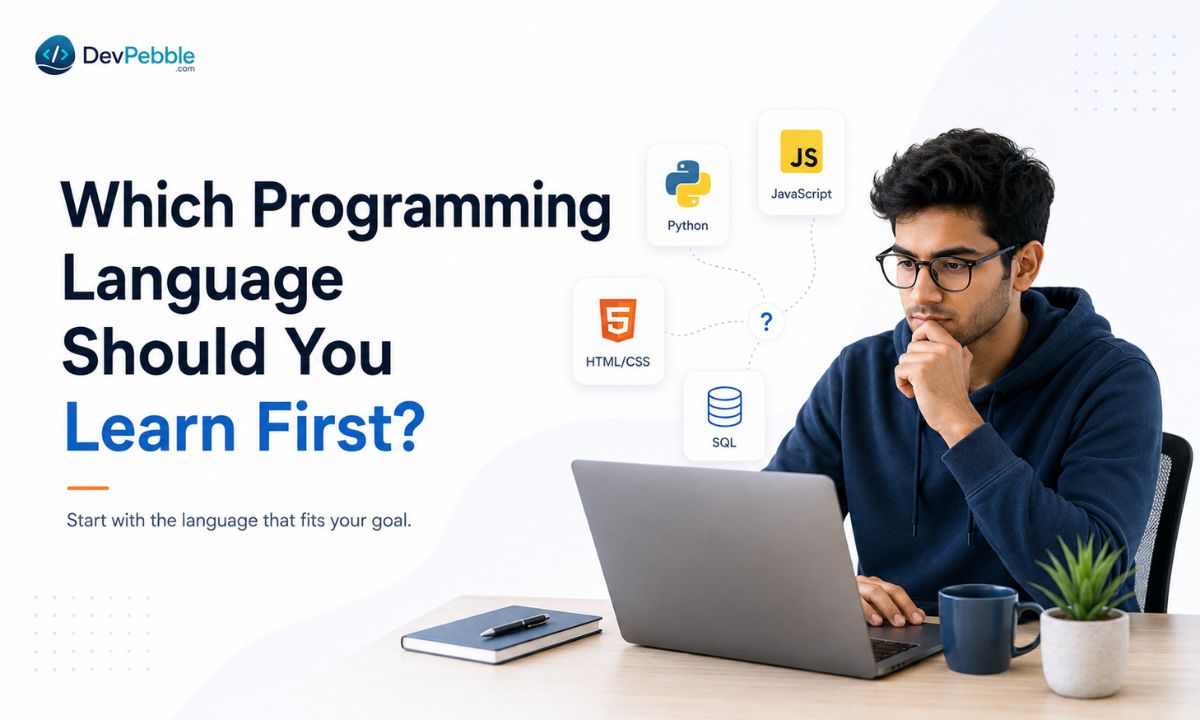 Which programming language should you learn first — Python as a friendly, in-demand starting point, with JavaScript, HTML and CSS, SQL, Java, and C# suited to different goals.