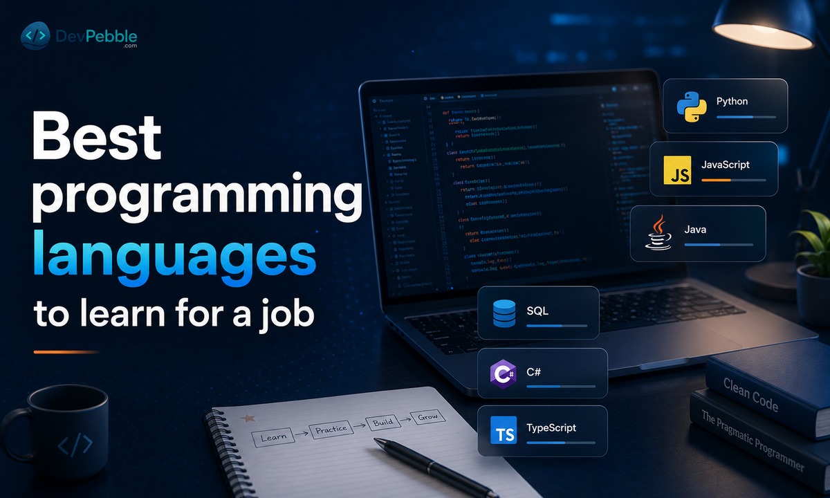 Best programming languages to learn for a job — Python, JavaScript, Java, SQL, C#, and TypeScript mapped to the career paths that use them.