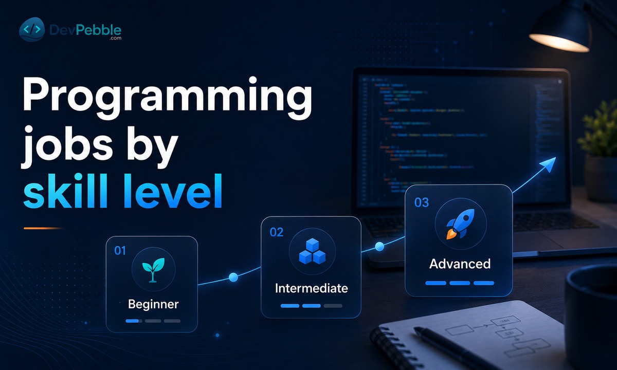 Programming jobs by skill level — beginner-friendly junior and WordPress roles, intermediate front-end, back-end, and full-stack roles, and advanced senior, DevOps, AI, and security engineering.