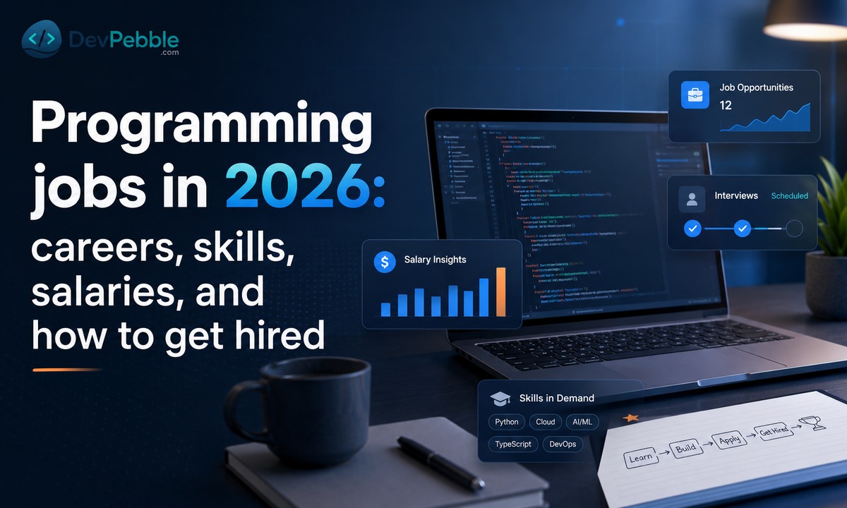 Programming jobs in 2026 — a developer at work, illustrating the careers, skills, salaries, and hiring path across software, web, data, cloud, and AI roles.