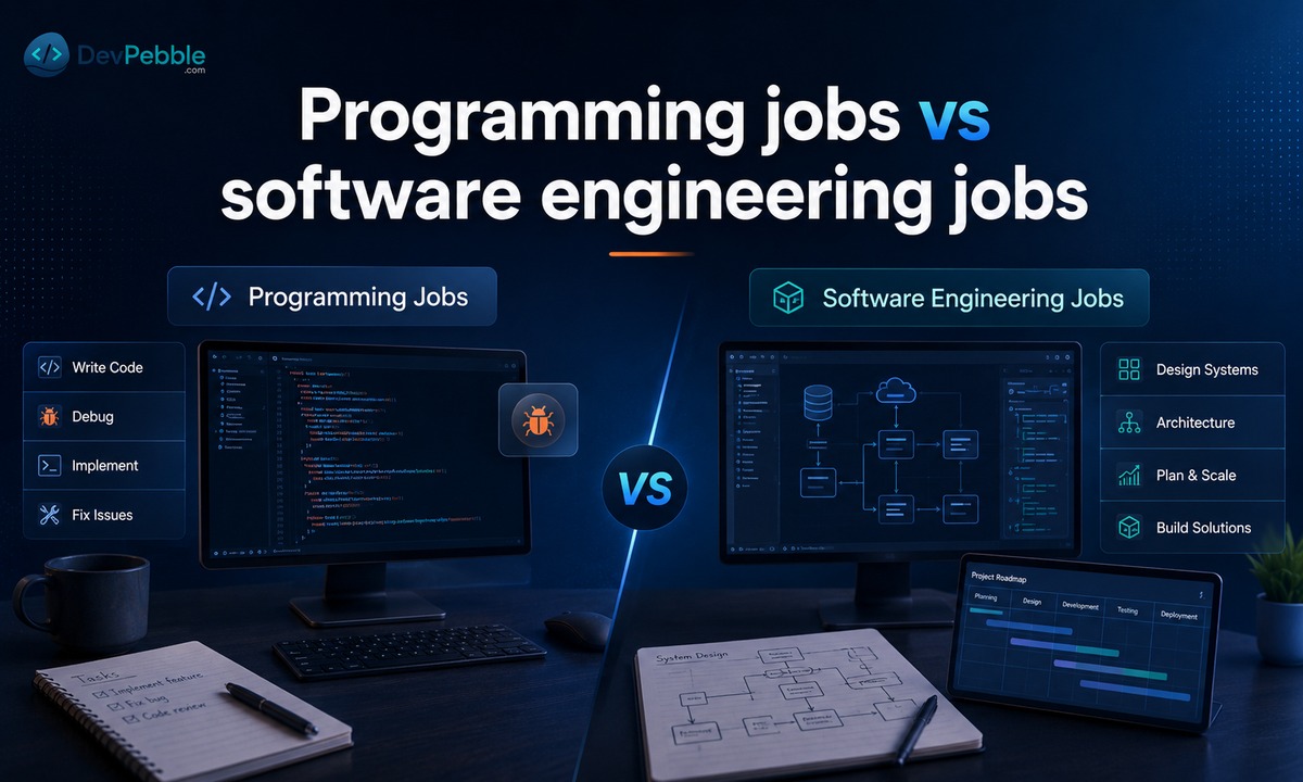 Programming jobs vs software engineering jobs — programming leans toward writing and maintaining code while software engineering leans toward system design and long-term planning.