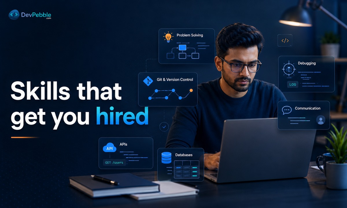 Skills that get you hired as a programmer — problem-solving, clean code, data structures, Git and version control, database and API basics, calm debugging, and clear communication.