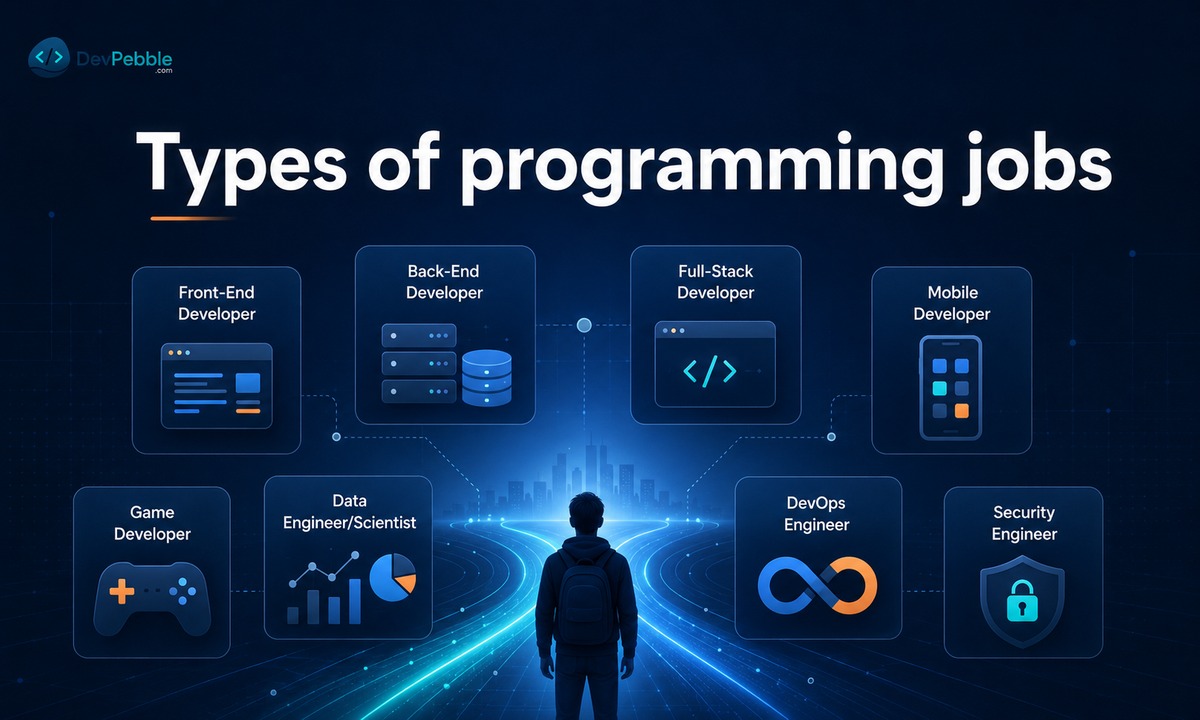 Common types of programming jobs — software, web, and mobile developers, front-end, back-end, and full-stack roles, plus data science, QA automation, DevOps, and AI engineering.