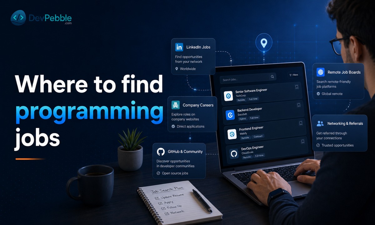 Where to find programming jobs — general boards like Indeed and LinkedIn, niche boards like Dice and We Work Remotely, company careers pages, GitHub communities, and freelance platforms.