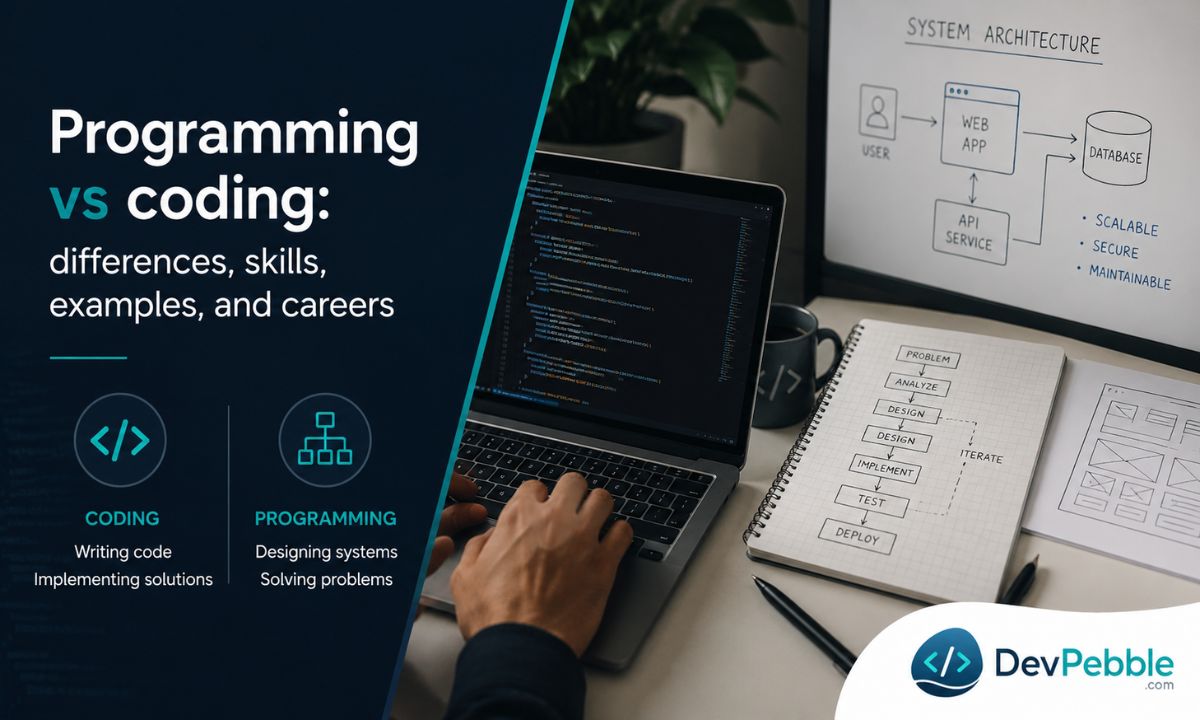 Programming vs coding — a developer at work, illustrating how coding is one slice of the broader programming craft of planning, designing, testing, and maintaining software.
