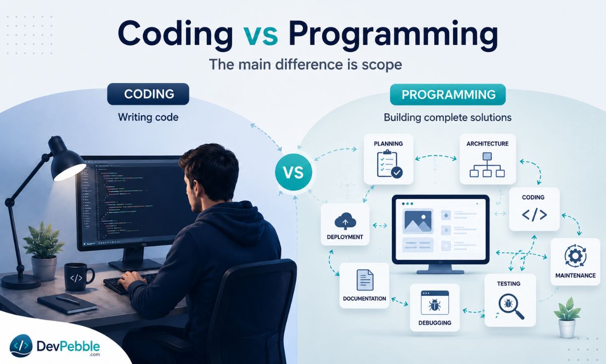The main difference comes down to scope — coding is the narrow task of turning a worked-out idea into source code, while programming wraps the whole life cycle from planning to production.