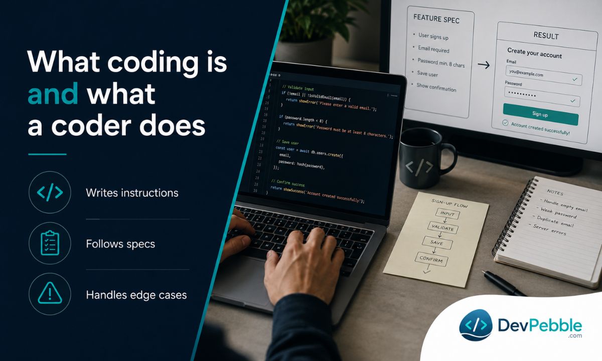 What coding is — a coder translates a clear spec into clean, readable source code in a language like Python, JavaScript, Java, or C++, getting the syntax and edge cases right.