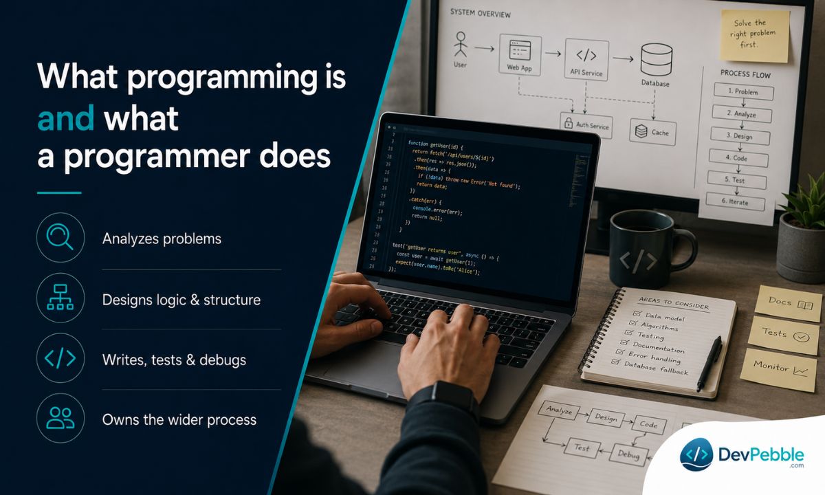 What programming is — a programmer analyzes the problem, designs the logic and data model, picks algorithms, then writes, tests, debugs, documents, and maintains the system.