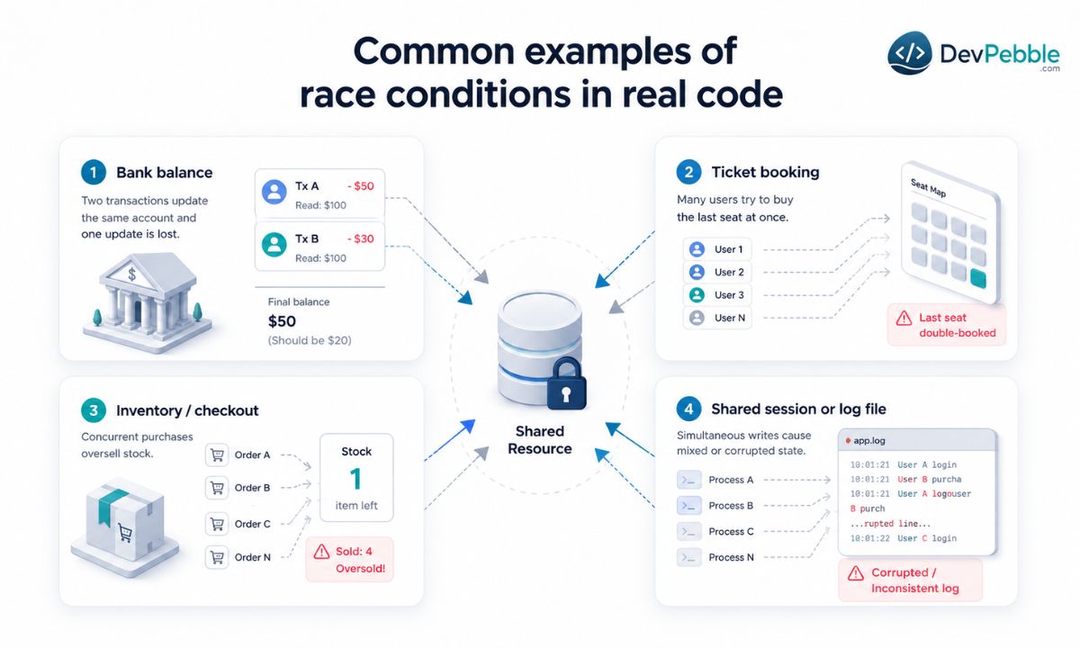 Common examples of race conditions in real code — concurrent ticket bookings, e-commerce inventory oversell, dropped visit counts, and scrambled web sessions.