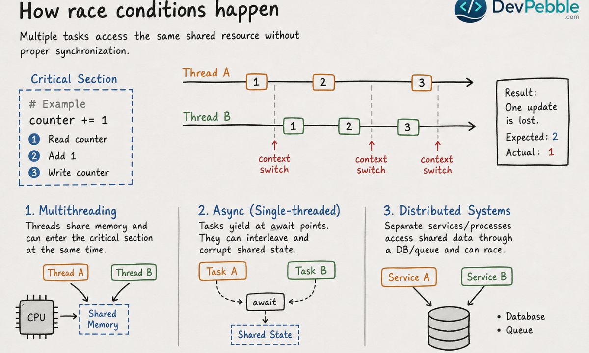 How race conditions happen — context switching pauses one thread mid-operation inside a critical section, so a read-modify-write on shared data loses an update.