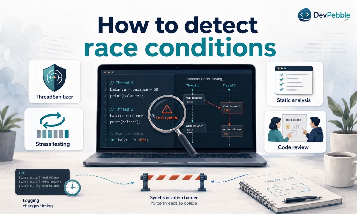 How to detect race conditions — thread sanitizers, stress testing in tight loops, static analyzers, and code review aimed at shared mutable state.