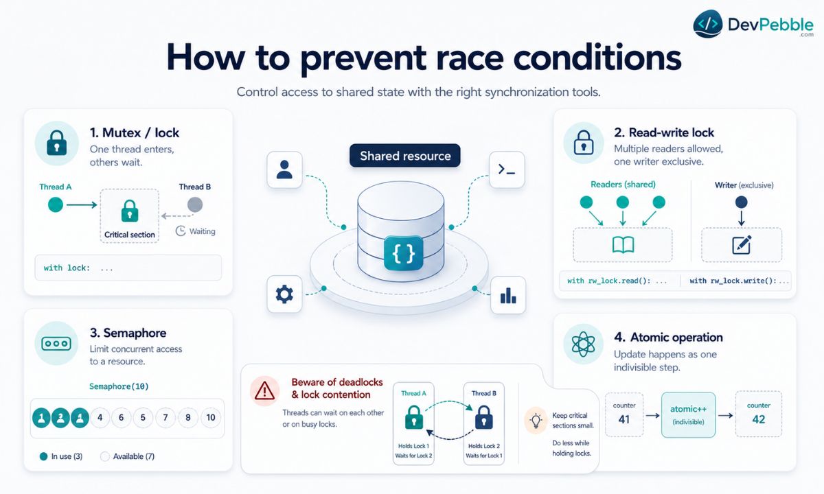 How to prevent race conditions — mutexes, semaphores, atomic operations, immutable data, thread-safe structures, and message queues guarding shared state.