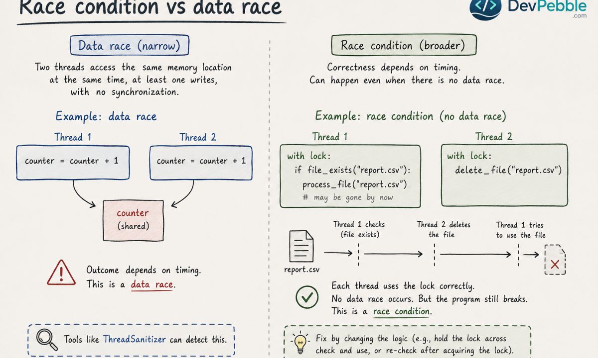 Race condition vs data race — a data race is unsynchronized shared memory access, while a race condition is a broader timing-dependent logic bug that can survive correct locking.