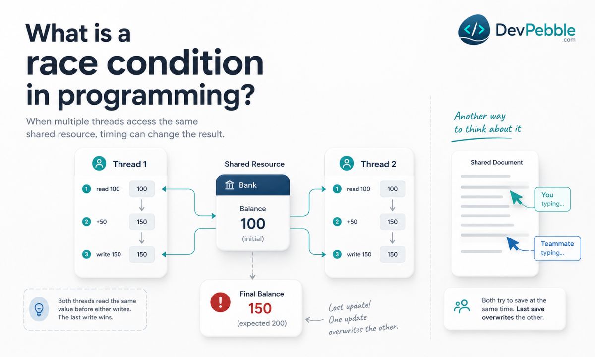 What is a race condition in programming — two threads reading the same bank balance at once and one write overwriting the other, so a deposit silently disappears.