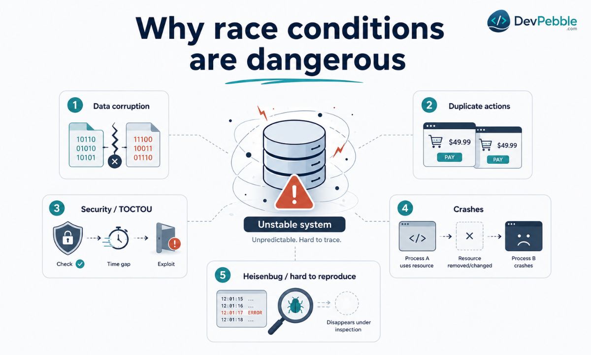 Why race conditions are dangerous — data corruption, duplicate actions, TOCTOU security holes, crashes, and heisenbugs that vanish the moment you add logging.