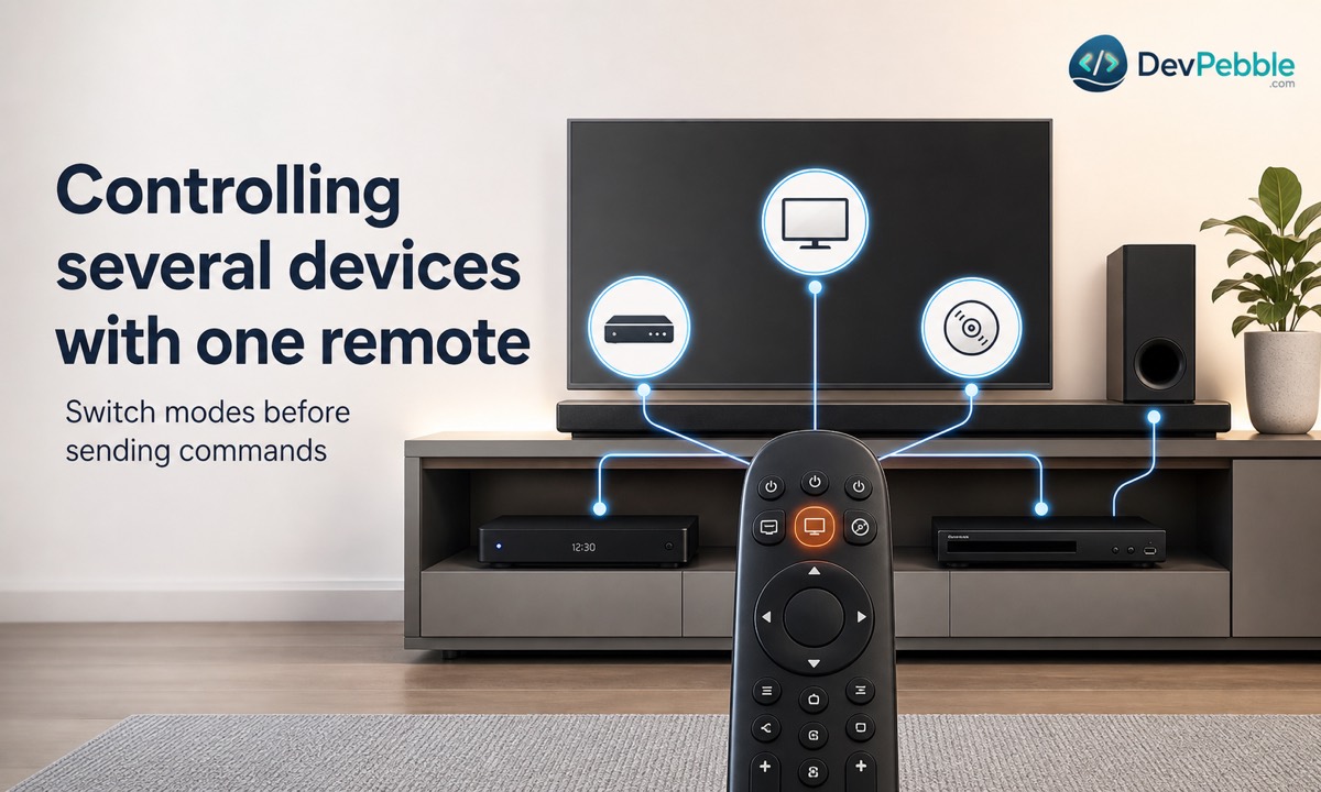 Controlling several devices with one RCA universal remote by assigning separate codes to TV, SAT or cable, DVD, and AUX mode buttons.