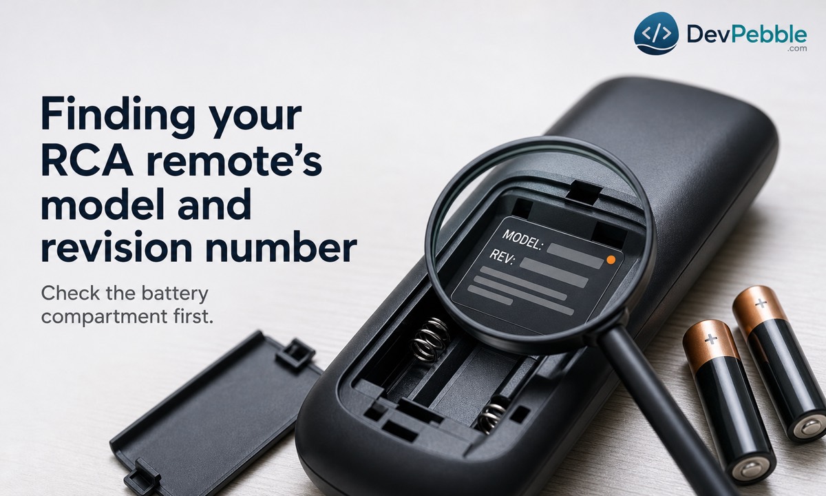 Finding an RCA universal remote model and revision number on the label inside the battery compartment before programming.