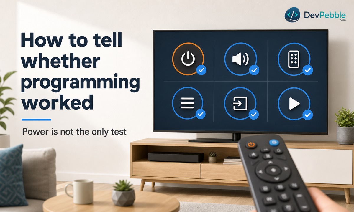 How to confirm RCA universal remote programming worked by testing power, volume, mute, channel, input, menu, guide, and playback controls.