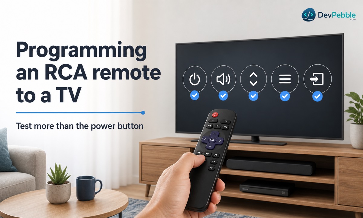 Programming an RCA remote to a TV and testing power, volume, mute, channels, menu navigation, and input switching.